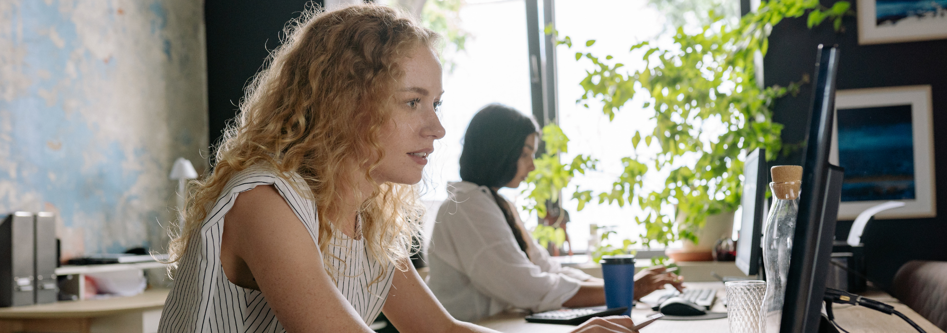 Two women working or studying at computers with plants in the background by the windowsill.