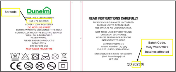 Dunelm Recalls Dunelm Cosy & Warm Electric Blankets