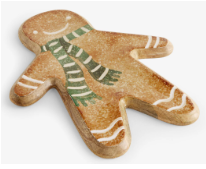 Gingerbread Serveboards A gingerbread-man‑shaped serve board decorated with painted details, including a smiling face, a green‑and‑white striped scarf, and white icing‑style accents on the arms and legs.