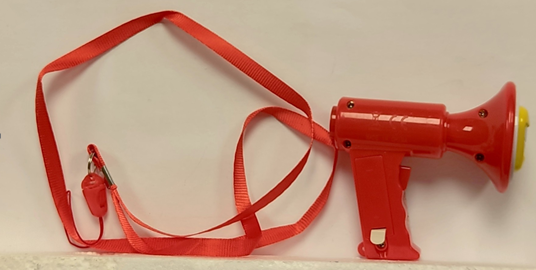 Toy Megaphone sold on the TEMU platform a red kids toy megaphone with long red neck strap attached