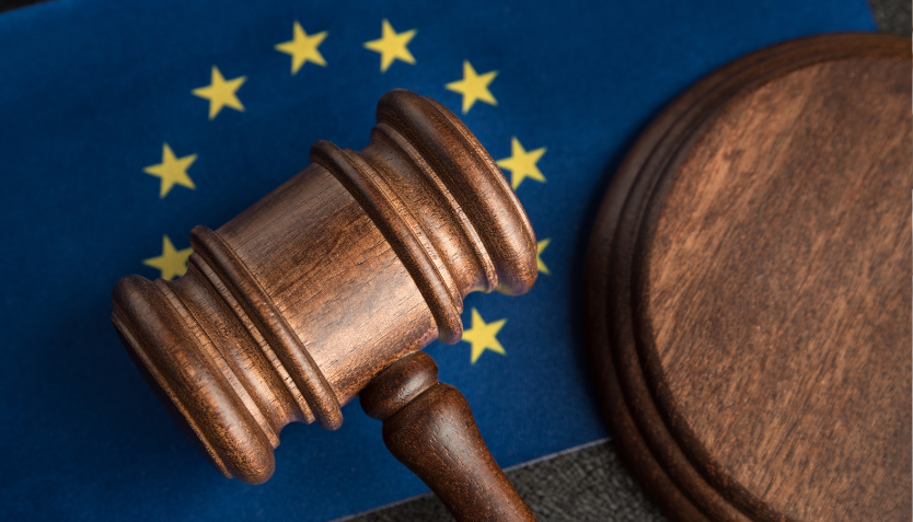 A judge's gavel with a European Union flag in the background