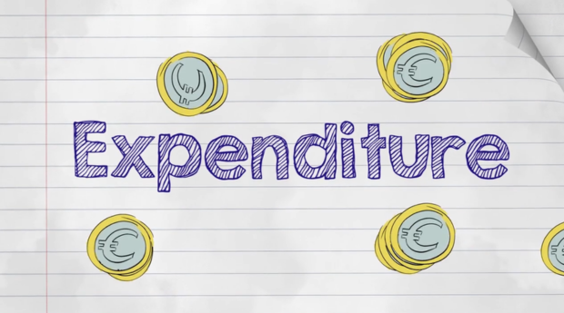 A copybook with the text 'expenditure' written in blue pen