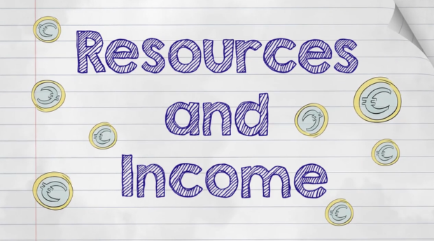 A copybook with the text 'resources and income' written in blue pen