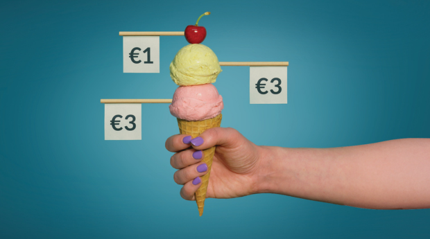 Auto-enrolment hand holding ice cream with euro flags in it