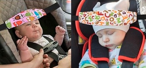 Car seat headstraps image 2 Two images of babies in car seats with head straps across their foreheads.