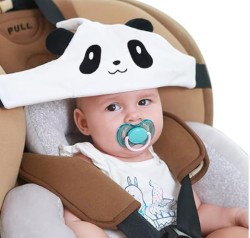 Car seat headstraps image 3 A baby in a car seat with a head strap on its head. The head strap has a panda design on it.