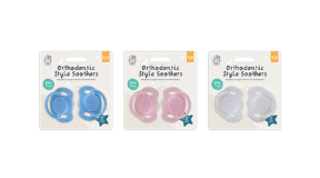 123 Baby Essentials soothers 2 Three packs of orthodontic style soother for babies (0-6 months) in blue, pink and grey.