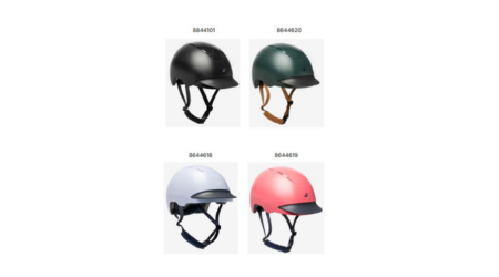 Image of 4 horse riding helmets of varying colours with product IDs