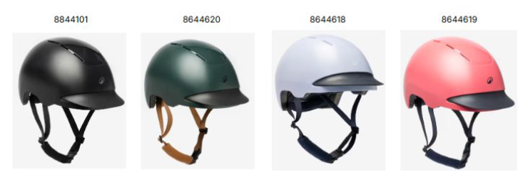 Decathalon Helmets Image of horse riding helmets in varying colours with product IDs