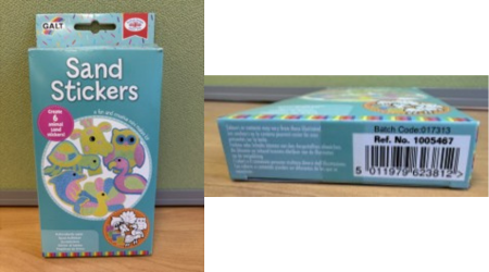 Galt Toys Sand Stickers Image of Galt Toys Sand Stickers. The left image shows the front of the box, while the right shows the batch number on the base. The batch number is 017313.