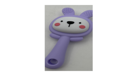 Image of a purple baby rattle that resembles a cartoon rabbit