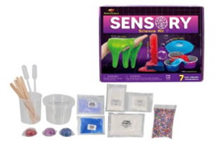 Sensory-Kit - image Image shows a toy kit of various coloured sands, buckets and small tools and the product packaging.