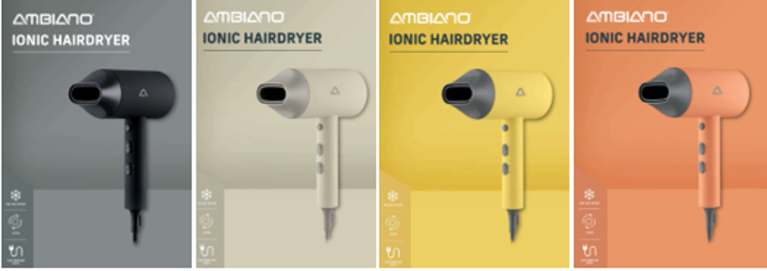 Ambiano Ionic Hairdryer The Ambiano Ionic Hairdryer in black, white, yellow and orange