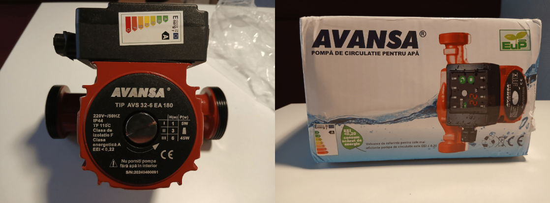 AVANSA circulating pumps The AVANSA circulating pump which is red and black in colour, alongside a picture of its packaging featuring a picture of the product on the right of the package, with the logo on the top left of the packaging.