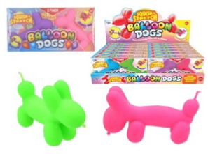 Balloon-Dog Image shows bright green and pink dog-shaped balloon toys and packaging
