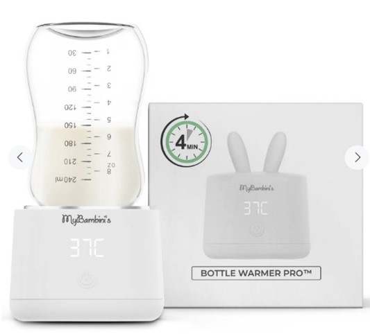 bottle-warmer A MyBambini baby water bottle warmer, with liquid inside and a temperature reading of 37 degrees celsius, alongside its box packaging
