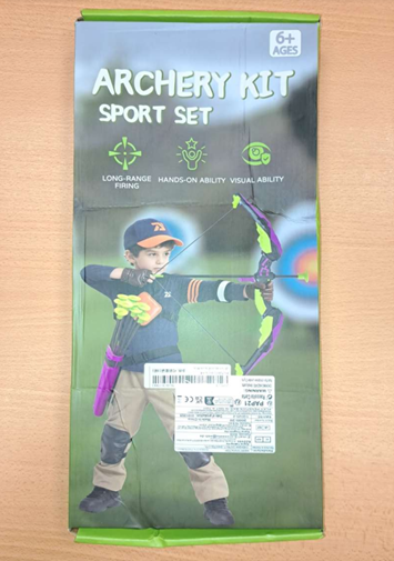 Bow-and-Arrow-Set A toy bow and arrow set in packaging which features a picture of a young boy using the set.