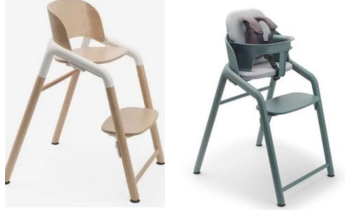 Bugaboo Giraffe Highchair-1 Two Bugaboo brand baby high chairs. The one on the right is dark green in colour and has a baby seat attached.