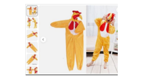 Children’s Chicken Costume To the left is an image of a yellow children's chicken costume laid out flat, while the image to the right features a child wearing the costume.