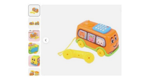 Children’s Simulation Bus Phone Toy A Toy telephone in the form of an orange bus with a blue phone keypad on top of the bus and with a bright yellow phone receiver (ear/mouthpiece) attached by a cord to the back of the bus.