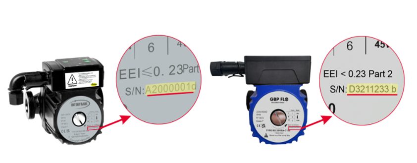 Circulating-pumps Intertrade and GBP-FLO circulating pumps side-by-side with red arrows pointing to zoomed in to photos of their serial numbers inside a red circle