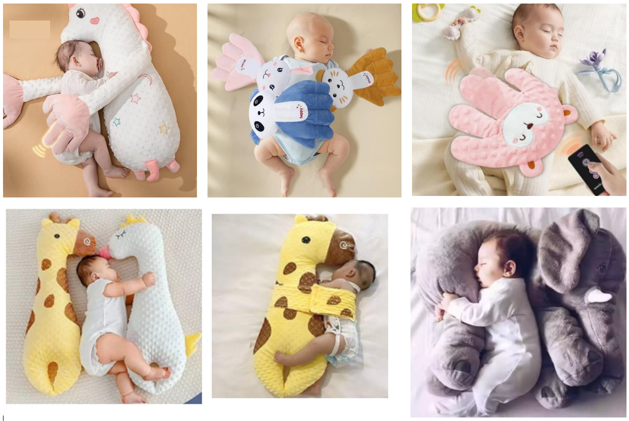 Various images of baby sleep pillows in use
