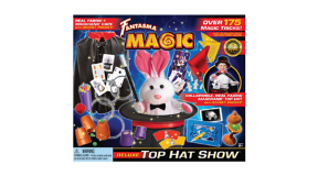 Fantasma Magic Set 1 Packaging for a children's magic set, featuring a bunny rabbit dressed as a magician coming out of a top hat, cards and a child in a magician outfit.