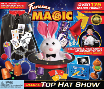 fantasma magic set Packaging for a children's magic set, featuring a bunny rabbit dressed as a magician coming out of a top hat, cards and a child in a magician outfit.