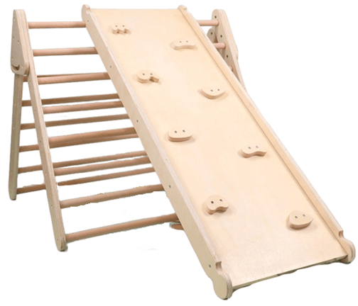 Foldable pikler Image shows Foldable Pikler with climbing board and slide
