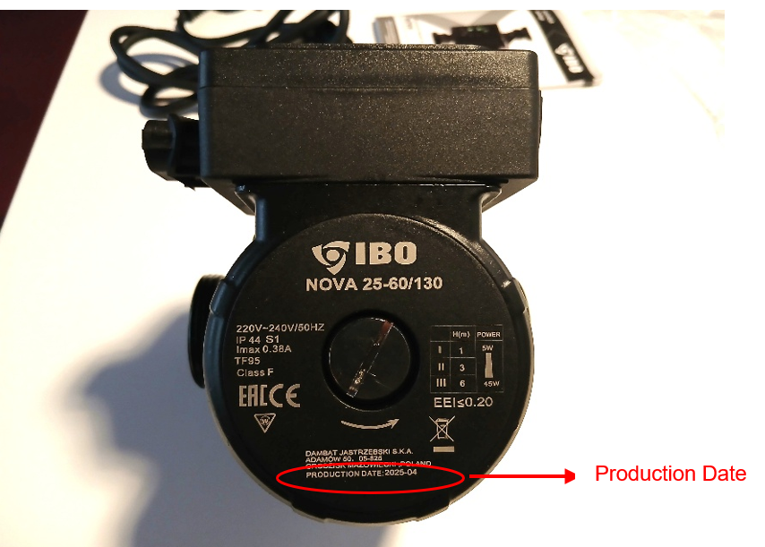 IBO NOVA circulating pump The IBO NOVA circulating pump with a red circle at the bottom pointing out the production date.
