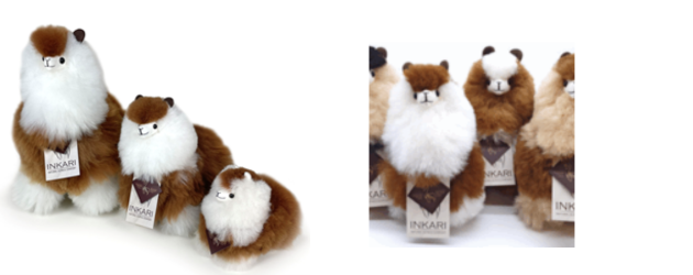 Inkari 1 The first picture shows 3 plush alpacas in brown and white in 3 different sizes. The second image shows 4 plush alpacas in brown, beige and white, all of similar sizes.