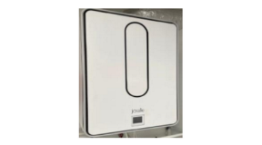 Joule Ireland ModulAir Heat Pump System Image shows a white ModulAir Heat Pump System with a cylinder shape positioned vertically down the middle and the Joule logo at the bottom.