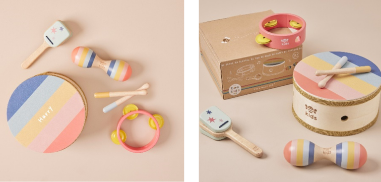 Just Bee Kids recall image Two images of the children's musical set which includes different instruments such as a toy tambourine, shaker, drum and drum sticks. The image on the right features the product's packaging.