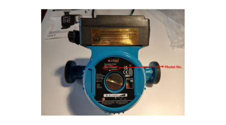 KATSU Tools circulating pump, which is blue in colour. There is a red arrow and circle highlighting the model number of the product.