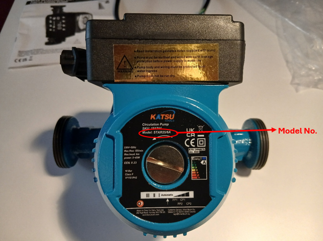 KATSU-Tools-circulating-pumps KATSU Tools circulating pump, which is blue in colour. There is a red arrow and circle highlighting the model number of the product.