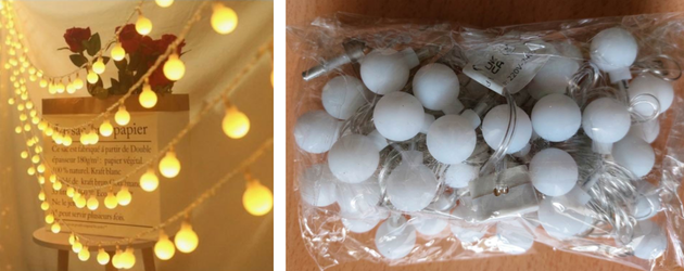 LED String Lighting - 630x450 Two images of LED string lights, the one on the left features the lights lit up and the one on the right features a plastic bag of LED string lights
