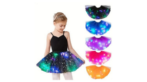LED Tutu sold on the TEMU platform An image of a child wearing the LED sparkly tutu in a green, blue, and black colour. To the right hand side of this image, there are five images of the LED tutu in different colours.