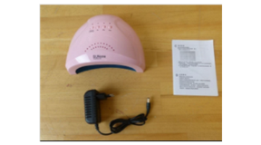 LED UV Nail Lamp The image features a pink UV nail lamp alongside a plug and an information leaflet.