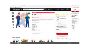 Luigi Bros Anime Brothers Cosplay Costume Online purchase page on Aliexpress showing two children in the Mario costumes: one wearing a red and blue costume, the other wearing a green and blue costume. The price of 6.79 euro is also shown on the purchase page.