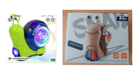 Luminous snail toy sold on the TEMU platform - 1 The left image shows the Interactive Musical Light Up Crawling Snail Toy. The snail is bright green with a purple shell that lights up with multiple colours in the middle. The right image shows the product packaging featuring a brown snail with a brown shell that also lights up with multiple colours in the middle.