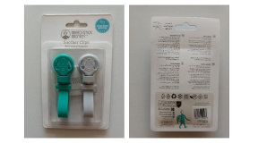 Matchstick Monkey Soother Clips Two Matchmaker Soother clips in blue and grey, as well as the packaging for the product.