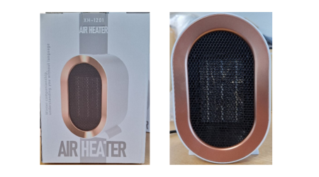 Mini electric heaters - 1 The first image is the boxed product with XH-1201 and Air Heater above an image of the product with Air Heater in large font at the bottom. The second image is of the product, an oval shaped mini heater with black grating and a thick brown/gold rim.