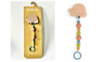 Moulin Roty - pacifier clip recall image 1 Two images of the Moulin Roty pacifier clip. The clip features different colour beads and a turtle shape on top. The image on the left shows the product in its packaging while the right side shows the product on its own.