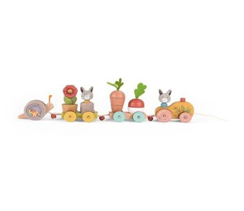 Moulin-Roty - Three Little Rabbits Pull Along Toy Small toy pull along train with a snail, rabbits and vegetables