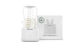 MyBambini’s Bottle Warmer ProTM A MyBambini baby water bottle warmer, with liquid inside and a temperature reading of 37 degrees celsius, alongside its box packaging