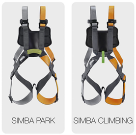 petzl Two children’s full‑body harnesses shown side by side: SIMBA PARK with a green front point and SIMBA CLIMBING with a grey front point.