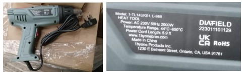 Product Safety Information Notice on Diafield Heat Gun sold on Amazon