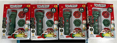 projection-torch Four Christmas-themed projection flashlights in their packaging.