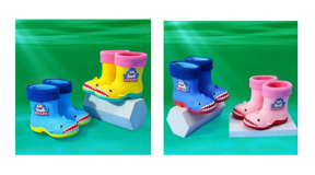 rain boots for kids -1 Two pictures of rain boots. The first picture features a blue pair of boots and a yellow pair of boots, both with a shark head at the toe part of the boot. The second image features a blue pair and a pink pair, both with the same shark imprint.