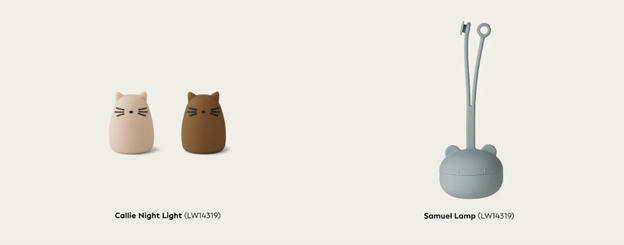 Samuel_Lamp_Callie_Night_Light Two cat-shaped night lights with rounded forms and simple facial details, shown on a light background—one cream and one brown. Text below reads: ‘Callie Night Light (LW14319). A soft blue animal shaped lamp with a rounded base and two tall, thin upward stems ending in small circular tips, displayed on a light background. Text below reads: ‘Samuel Lamp (LW14319).